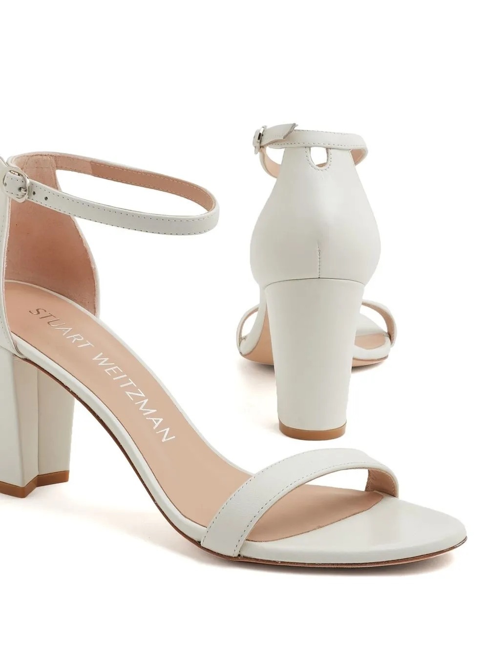 Stuart Weitzman Beige Leather Ankle-Strap Block Heel Sandals